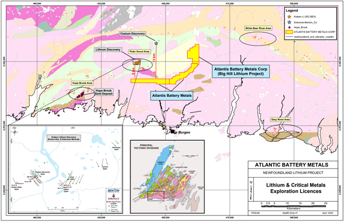 Location of the Big Hill Lithium Project, Southern Newfoundland, Canada